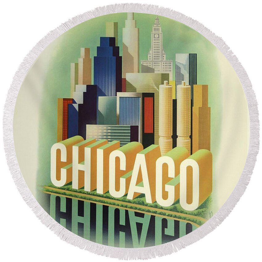 Retro Round Beach Towel featuring the photograph Retro Chicago Poster by Action