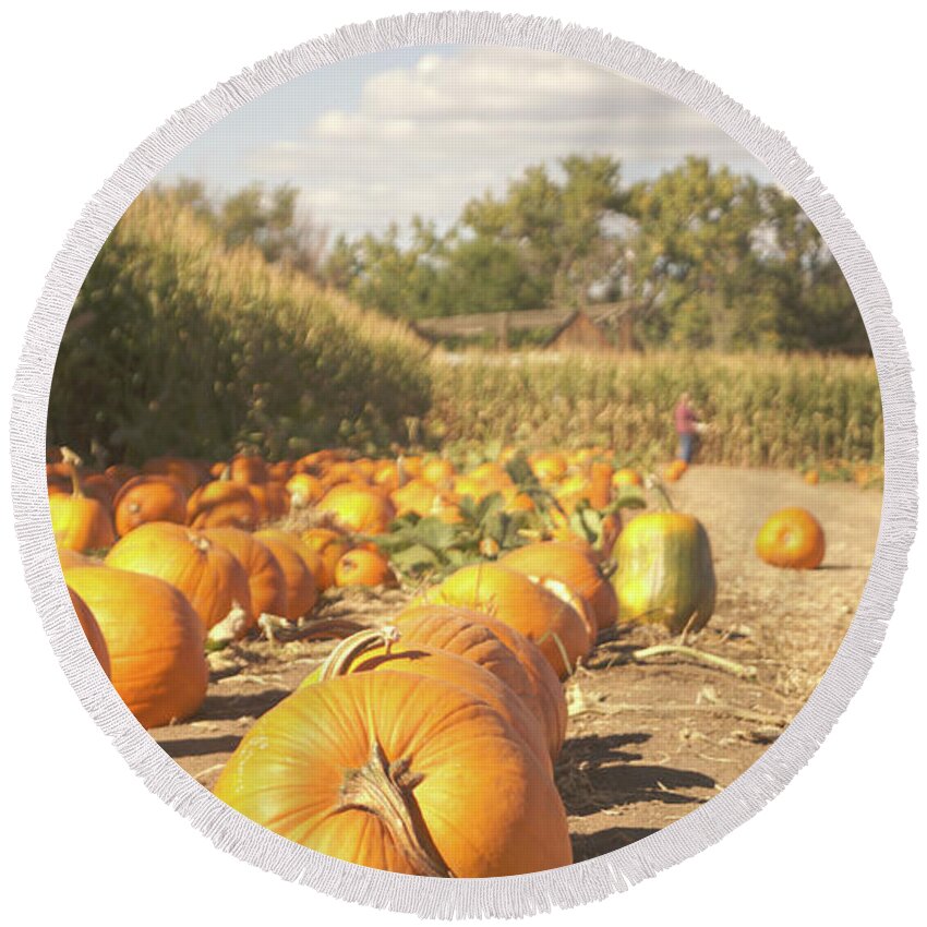 Retro Round Beach Towel featuring the photograph Retro pumpkin patch by Steve Speights