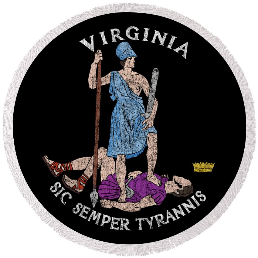 Cool Round Beach Towel featuring the digital art Retro Seal of Virginia Sic Semper Tyrannis by Flippin Sweet Gear