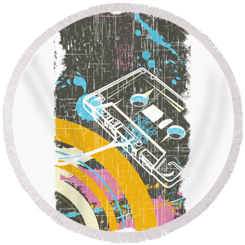 Dj Round Beach Towel featuring the digital art Retro Vintage Classic Cassette by Jacob Zelazny