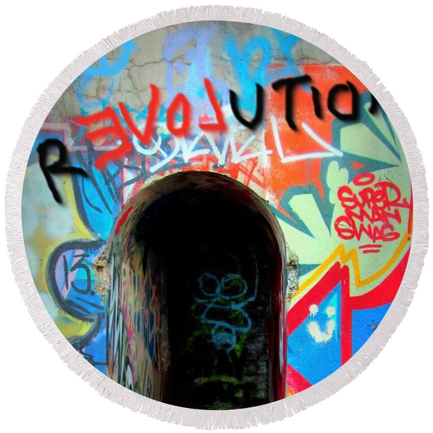 Revolution Round Beach Towel featuring the digital art rEVOLution Graffiti by Anita Burgermeister