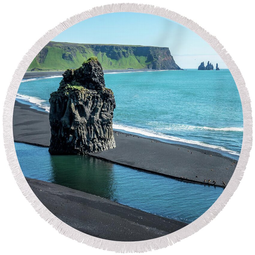 Iceland Round Beach Towel featuring the photograph Reynisfjara black beach in Iceland by Delphimages Photo Creations