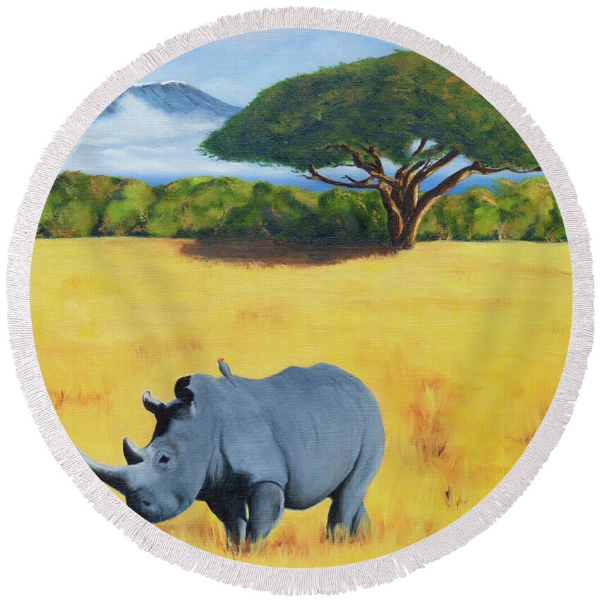 Kilimanjaro Round Beach Towel featuring the painting Rhino and Kilimanjaro by Tracy Hutchinson