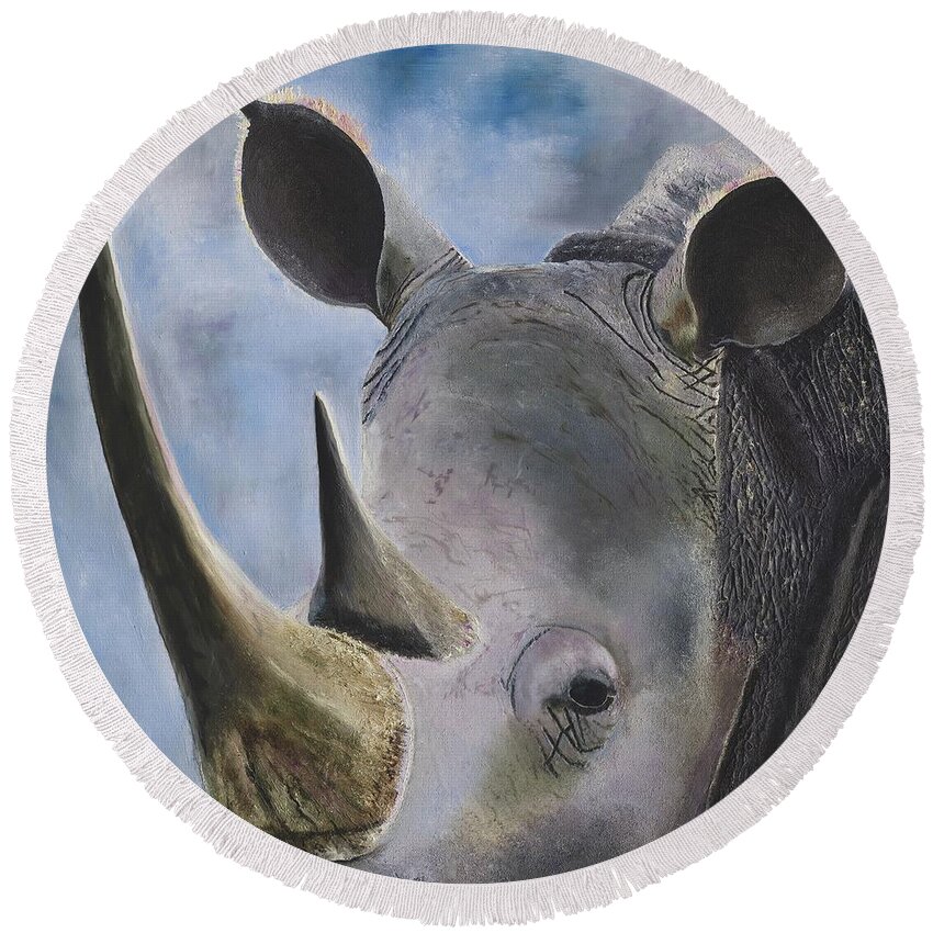 Rhino Round Beach Towel featuring the painting Rhino by Russell Hinckley