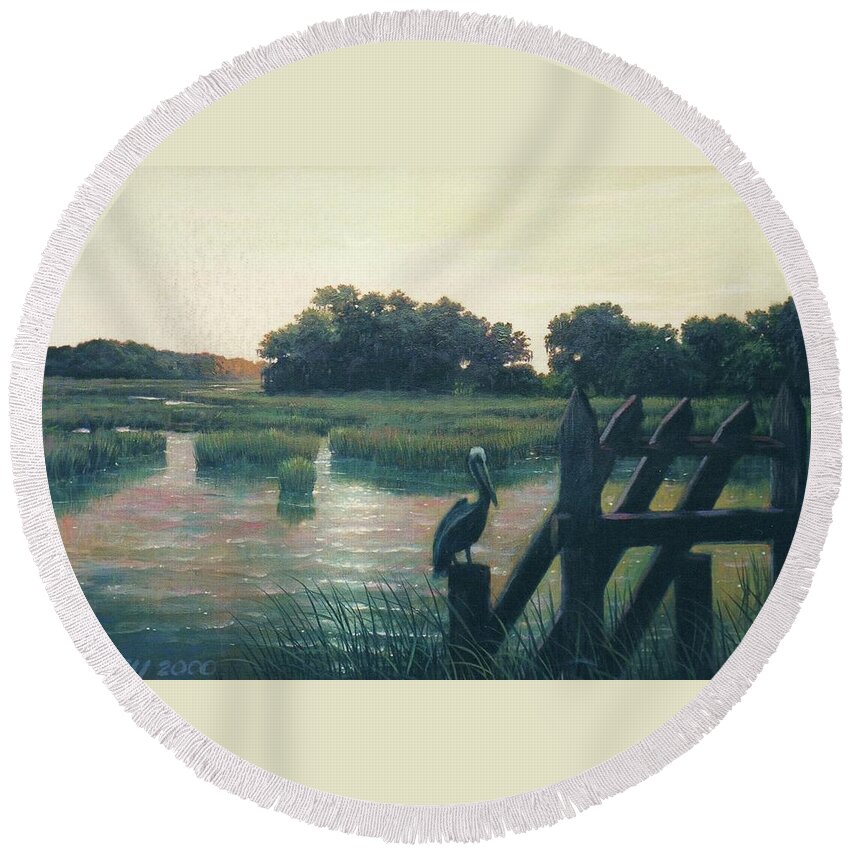 Rice Gates Round Beach Towel featuring the painting Rice Gates at Edisto by Blue Sky