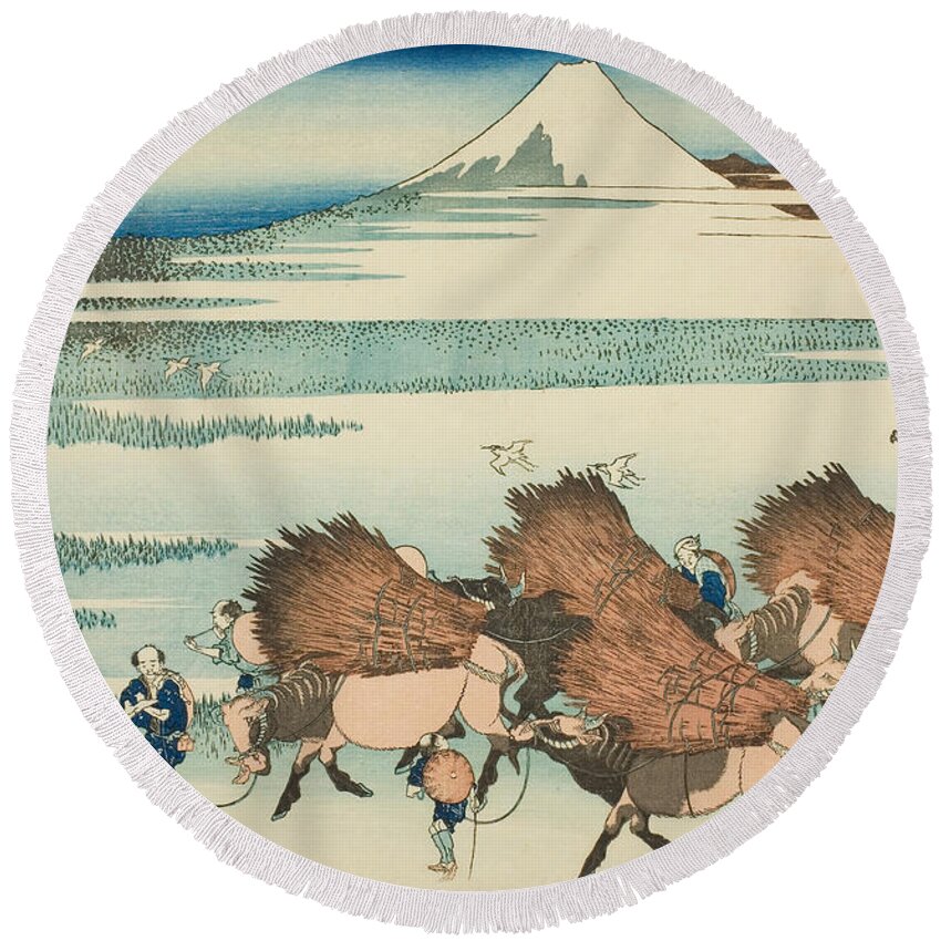 19th Century Art Round Beach Towel featuring the relief Rice Paddies at Ono in Suruga Province, from the series Thirty-Six Views of Mount Fuji by Katsushika Hokusai