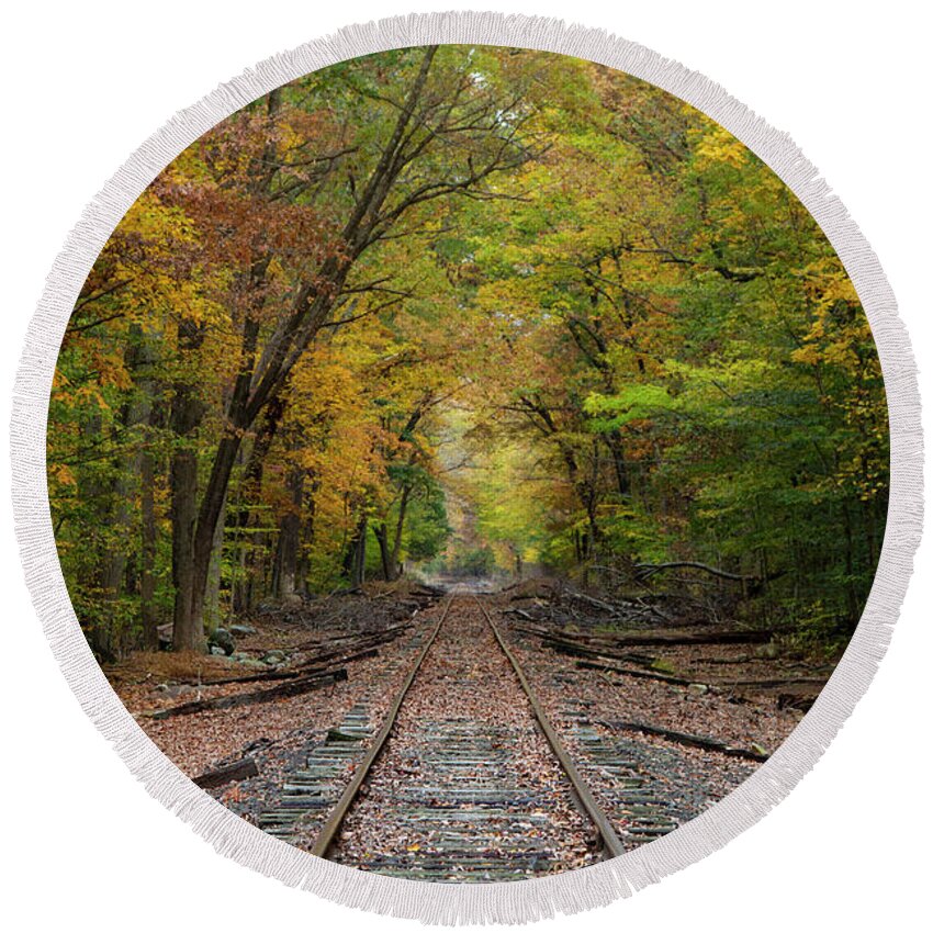 Rail Road Round Beach Towel featuring the photograph Ride into the Colors of Fall by Yelena Rozov