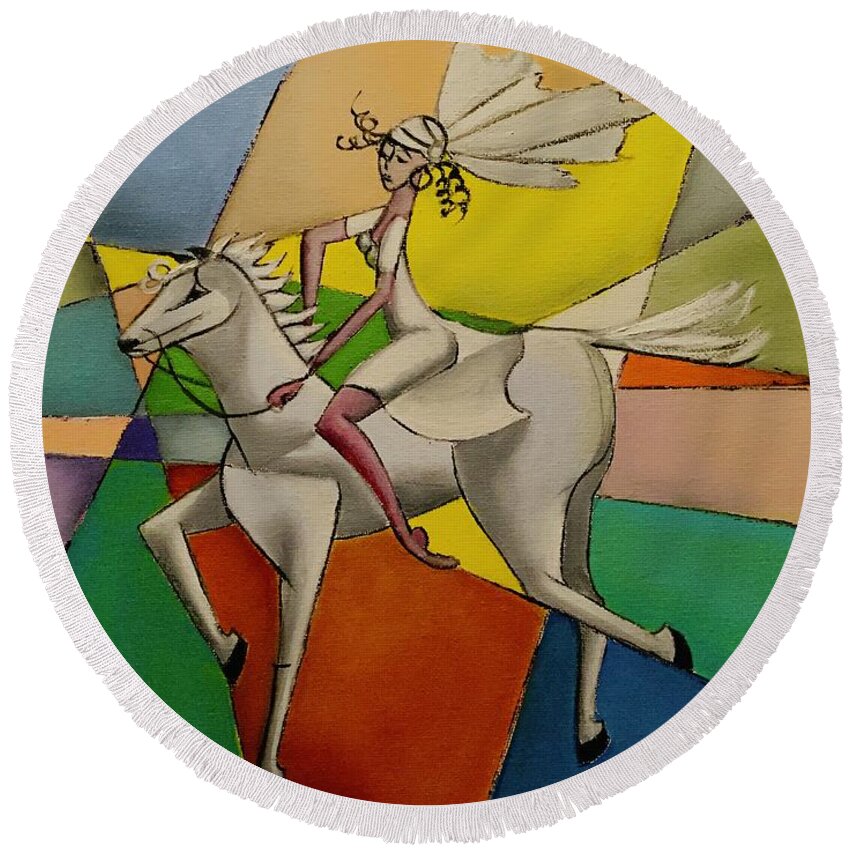 Rider Round Beach Towel featuring the painting White Rider by Lana Sylber