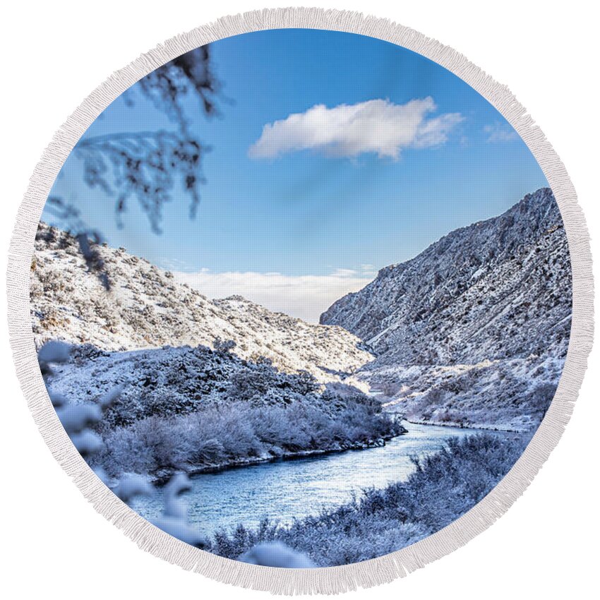 Taos Round Beach Towel featuring the photograph Rio Grande with Snow Covered Hills by Elijah Rael