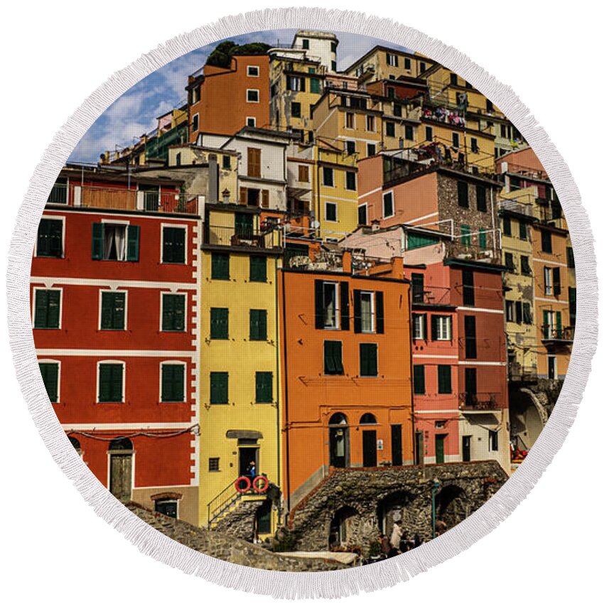 Italy Round Beach Towel featuring the photograph Riomaggiore by Pam DeCamp