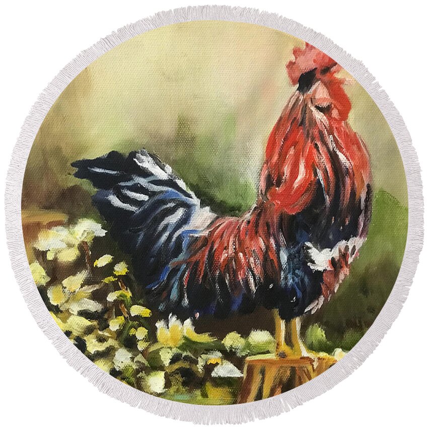 Colorful Rooster Round Beach Towel featuring the painting Rise and Shine by Juliette Becker