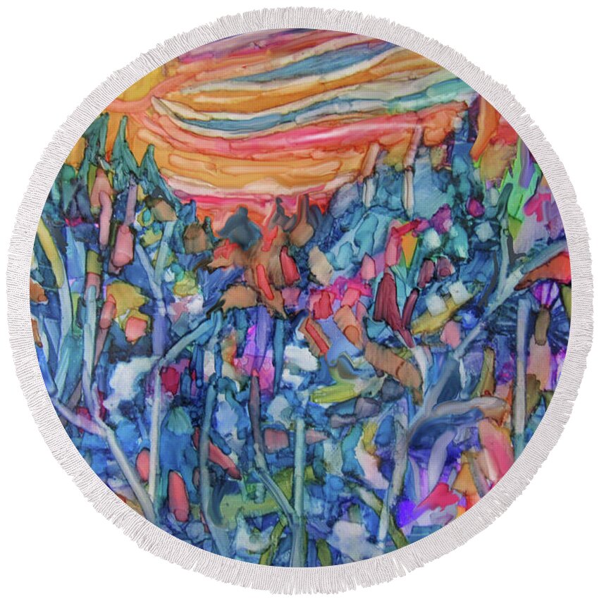 Alcohol Ink Round Beach Towel featuring the painting Rising Sun by Jean Batzell Fitzgerald