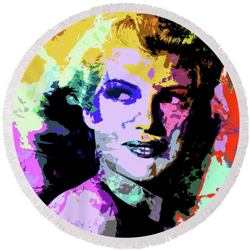 Rita Hayworth Round Beach Towel featuring the digital art Rita Hayworth psychedelic portrait by Movie World Posters