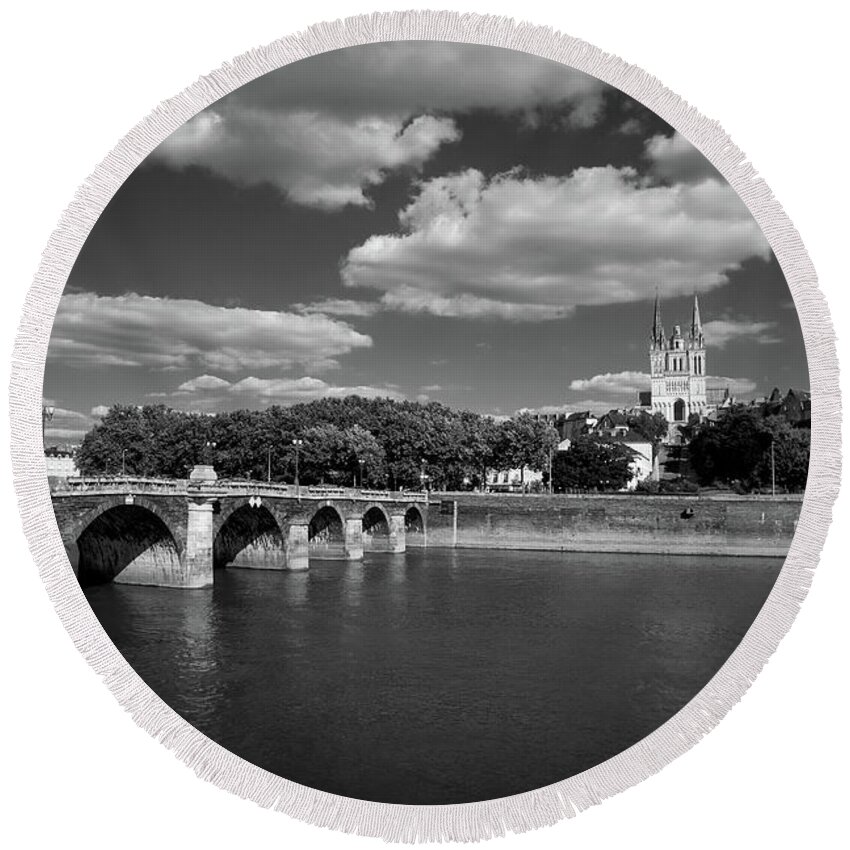 Angers Round Beach Towel featuring the photograph River and cathedral, Angers by Seeables Visual Arts