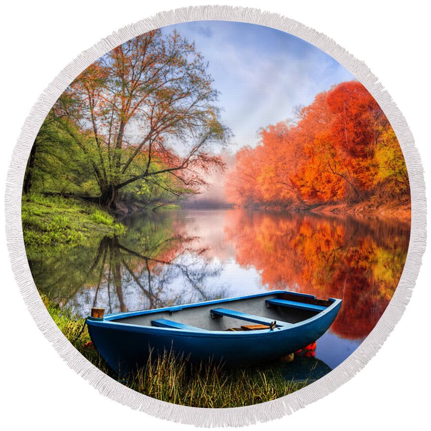 Boats Round Beach Towel featuring the photograph River Beauty Reflections by Debra and Dave Vanderlaan