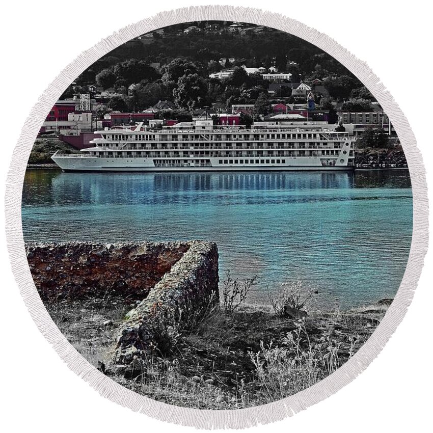  Round Beach Towel featuring the digital art River Boat, in The Dalles, OR by Fred Loring