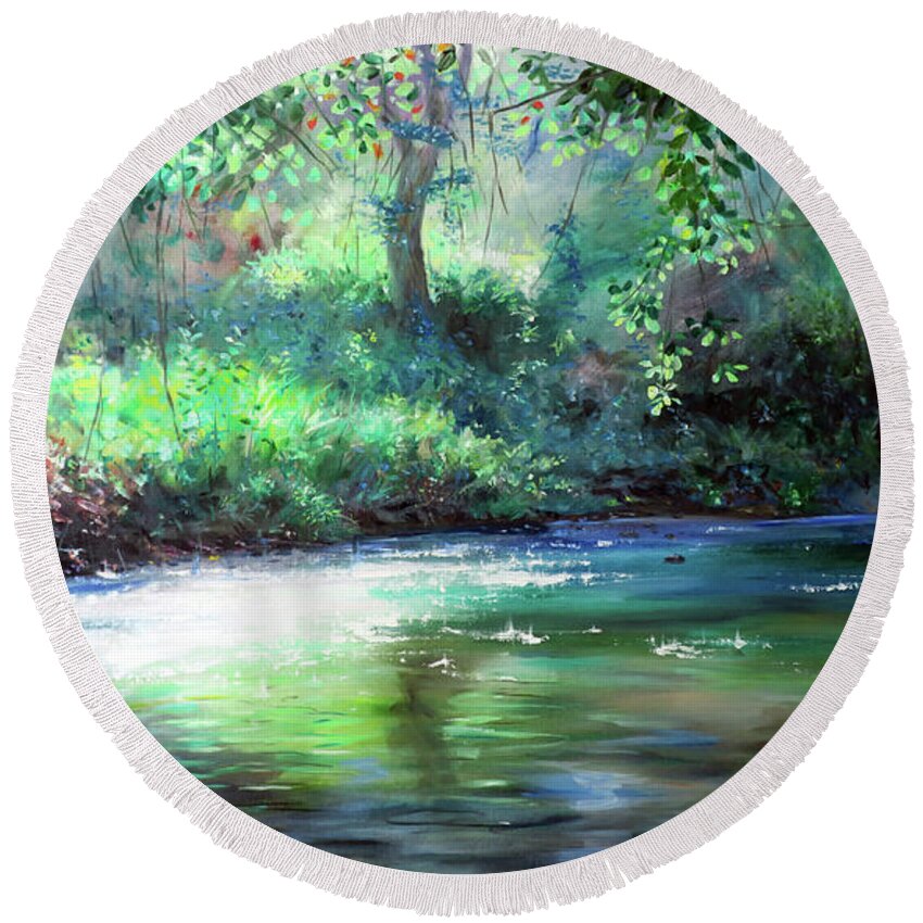 River Round Beach Towel featuring the painting River by Jonathan Guy-Gladding JAG