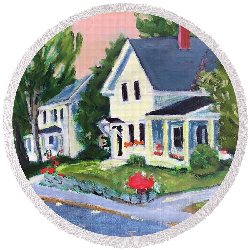 New Boston Round Beach Towel featuring the painting River Road by Cyndie Katz
