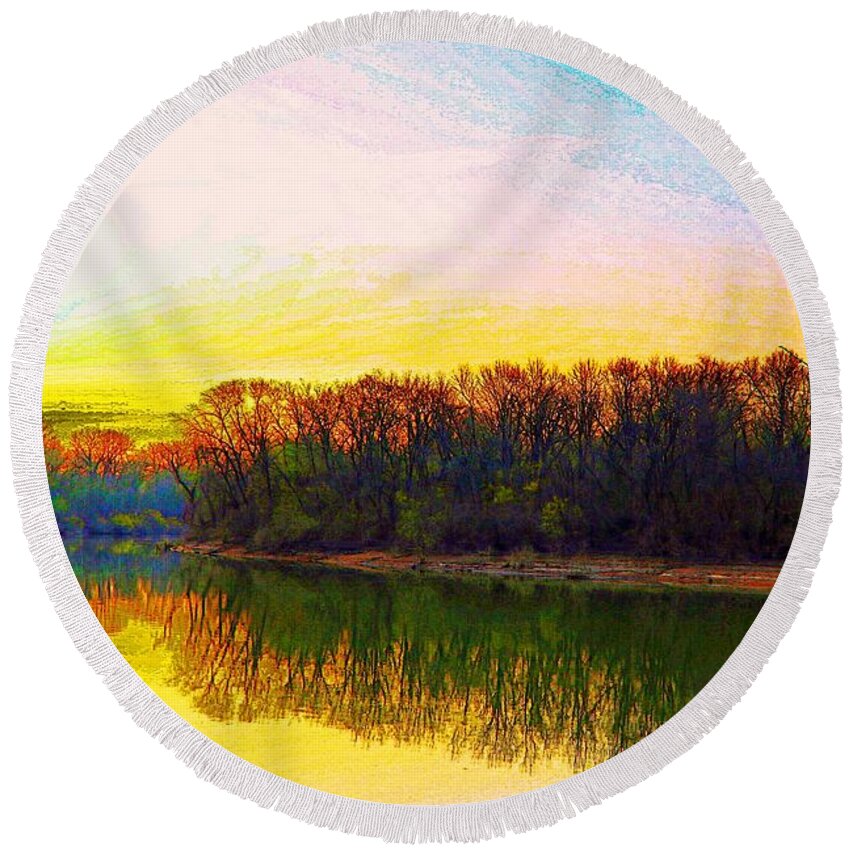 Scenic Round Beach Towel featuring the photograph River Sunrise by Steve Warnstaff
