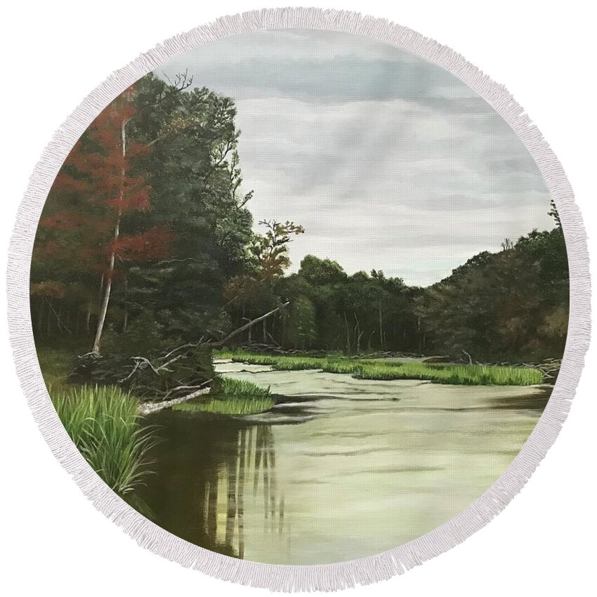 River Round Beach Towel featuring the painting River View by Boots Quimby