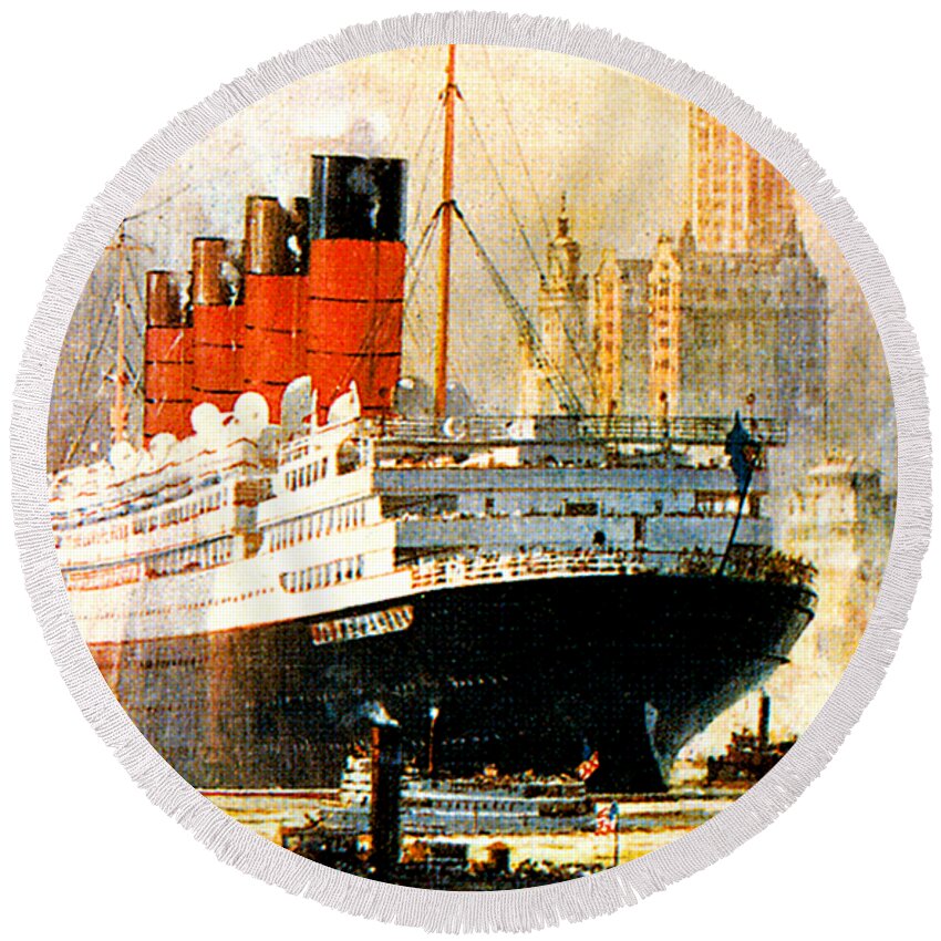 Aquitania Round Beach Towel featuring the painting RMS Aquitania Cruise Ship Poster 1914 by Unknown