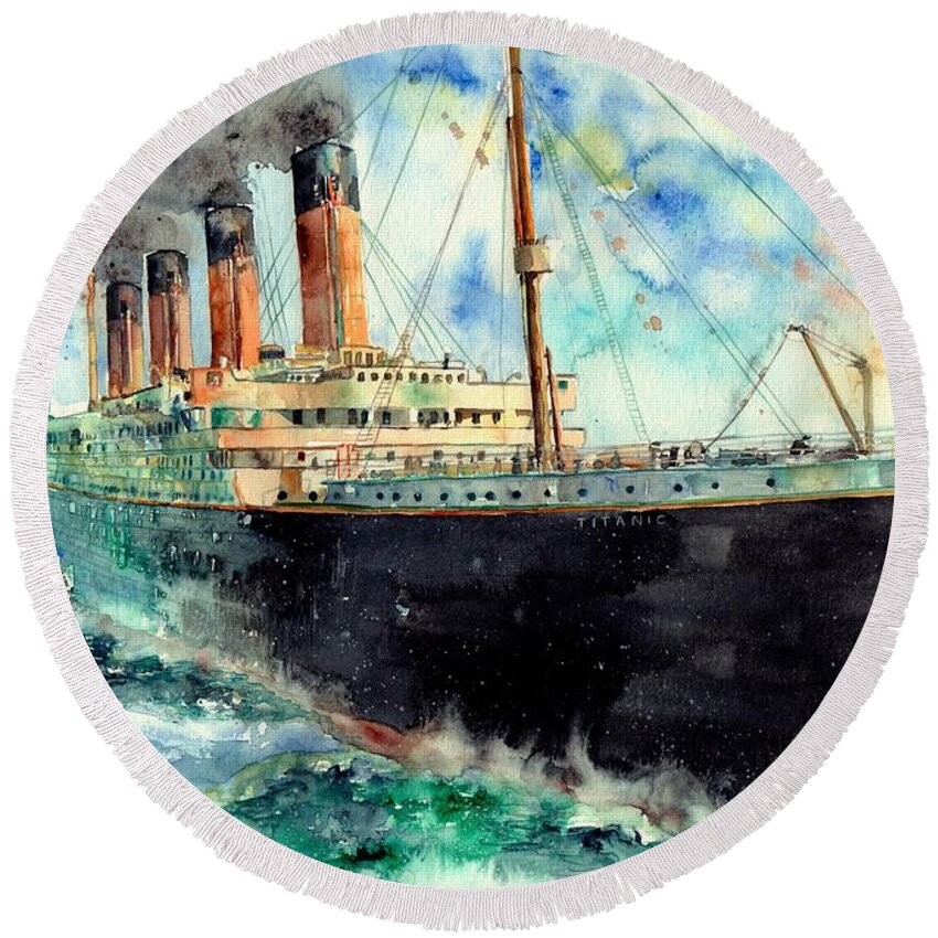 Rms Titanic Round Beach Towel featuring the painting RMS Titanic White Star Line Ship by Suzann Sines