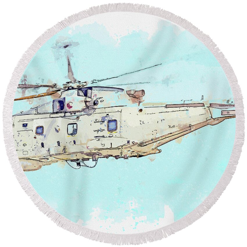 Plane Round Beach Towel featuring the painting RN ZH EHI- MERLIN HM NAS in watercolor ca by Ahmet Asar by Celestial Images