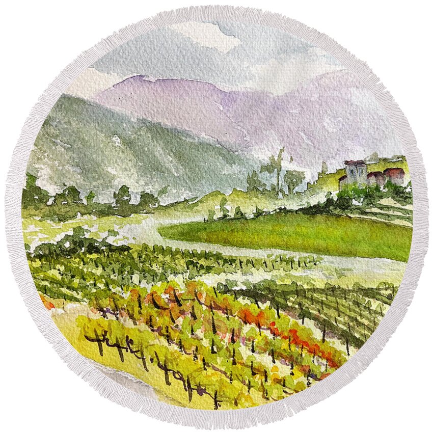 Vineyard Round Beach Towel featuring the painting Road down from the Villa at GBV by Roxy Rich