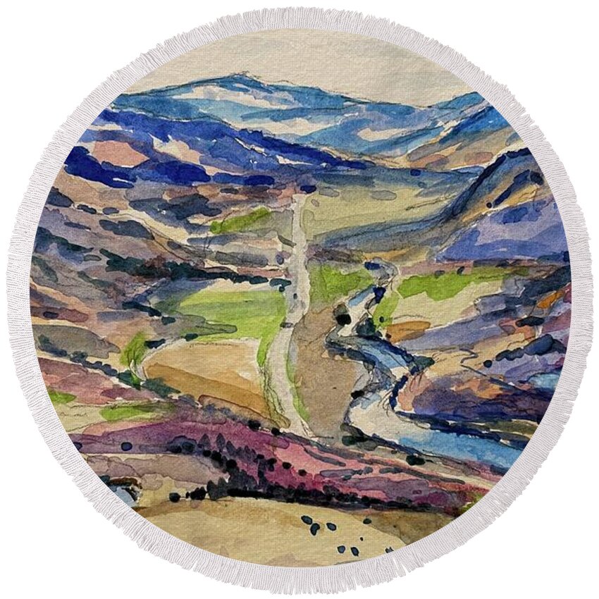Yellowstone Round Beach Towel featuring the painting Road to Gardiner by Les Herman