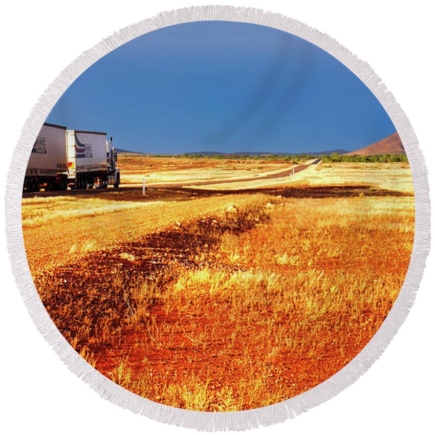 Australian Red Centre Round Beach Towel featuring the photograph Road Train to Somewhere - Central Australia by Lexa Harpell