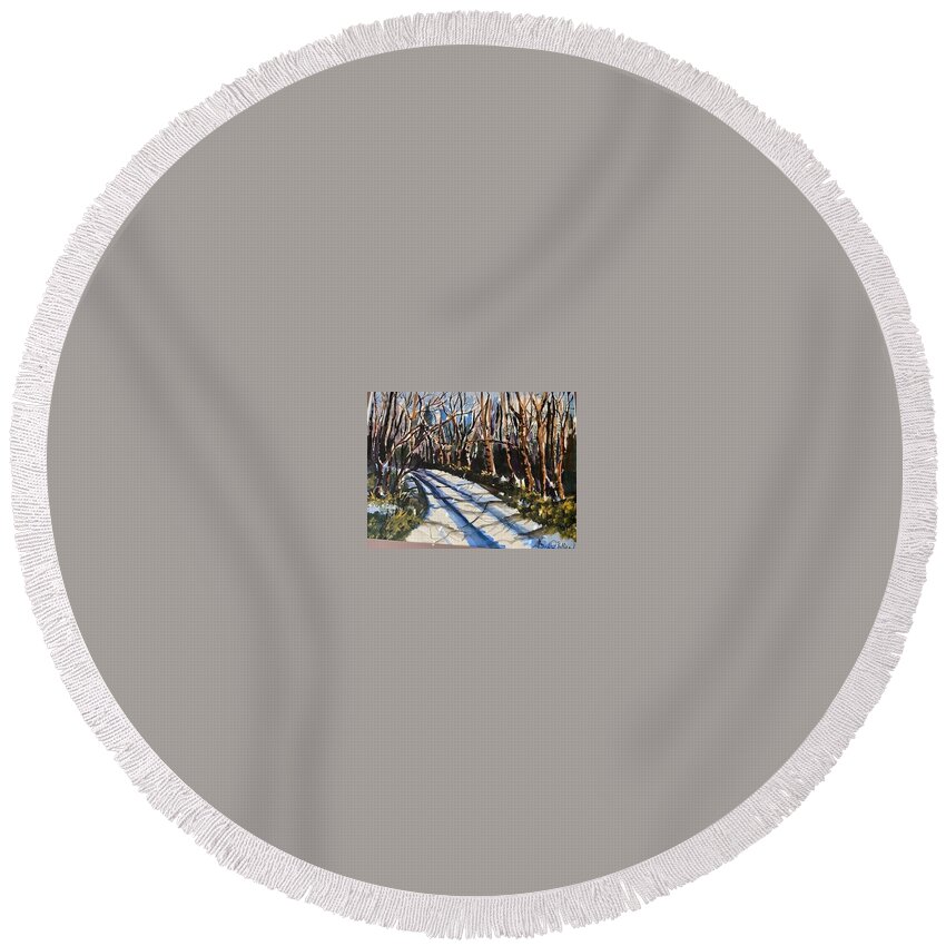  Round Beach Towel featuring the painting Roadless Traveled by Angie ONeal