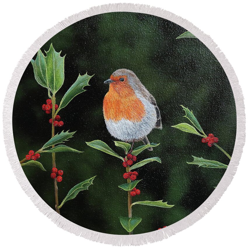 Bird Round Beach Towel featuring the painting Robin in wild holly by Russell Hinckley