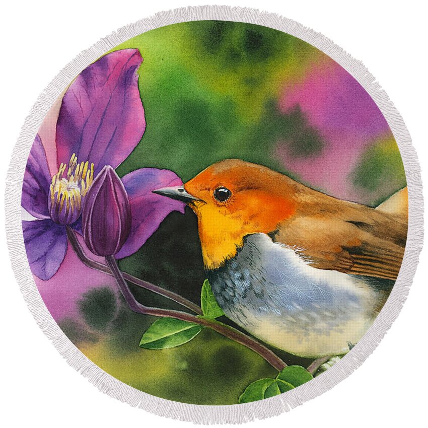 Robin Round Beach Towel featuring the painting Robin by Espero Art