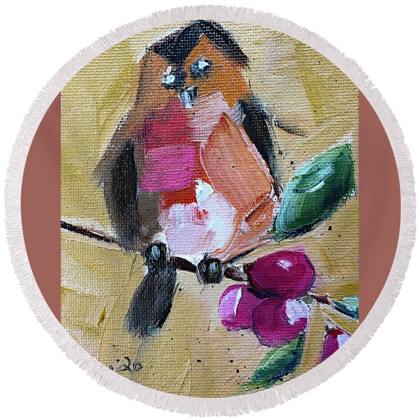 Robin Round Beach Towel featuring the painting Robin on a Berry Branch by Roxy Rich