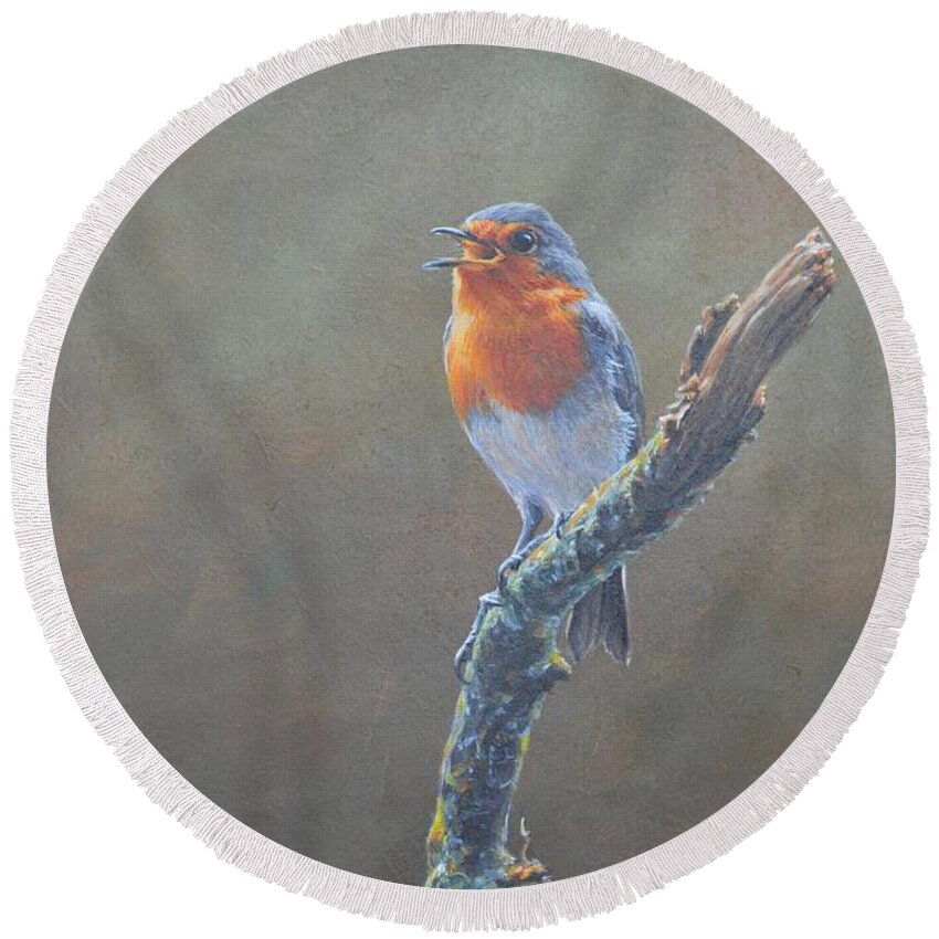 Robin Round Beach Towel featuring the painting Robin on a Tree Branch by Alan M Hunt