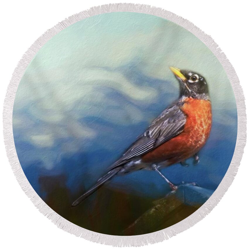 Robins Round Beach Towel featuring the photograph Robin's Perch by Marjorie Whitley