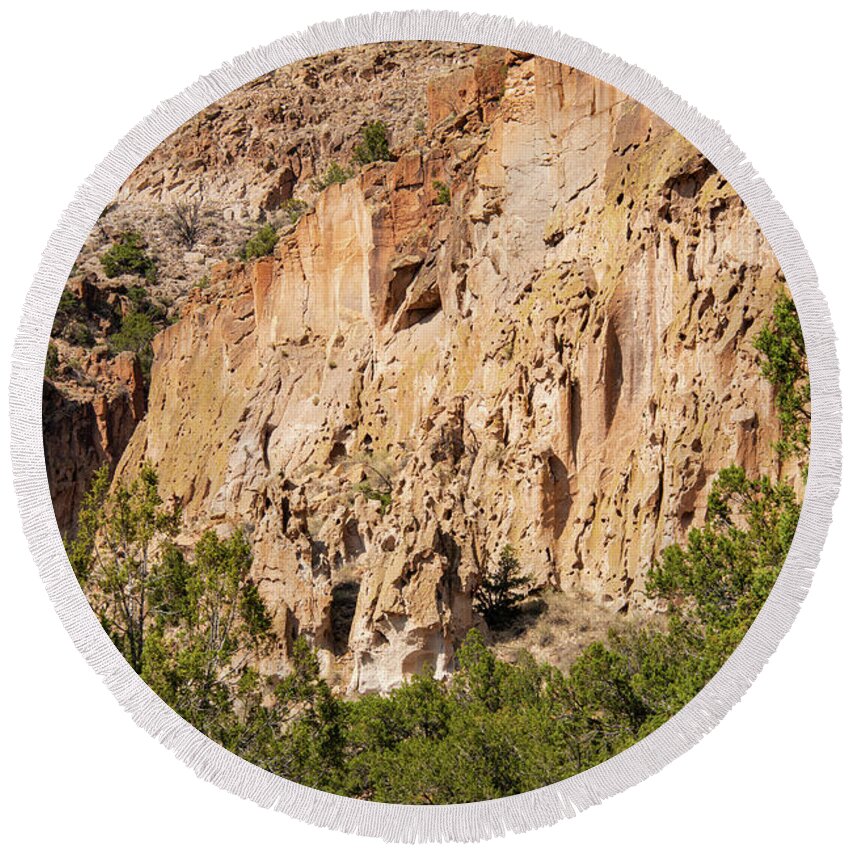 Bandelier National Monument Round Beach Towel featuring the photograph Rock Caves at Bandelier National Monument Three by Bob Phillips