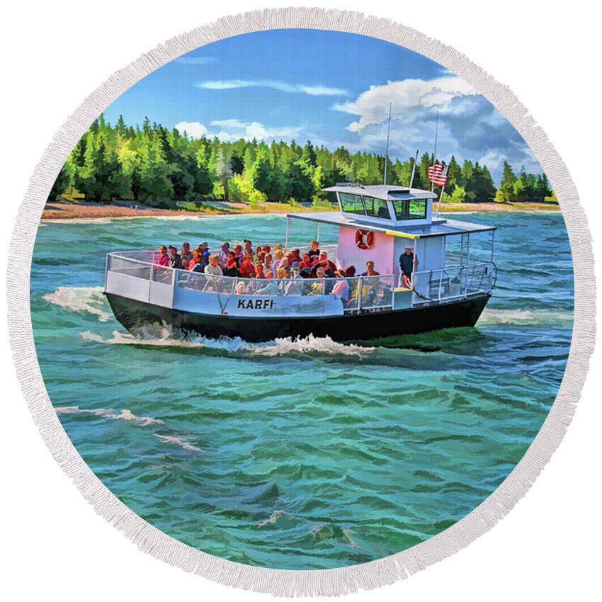 Karfi Round Beach Towel featuring the painting Rock Island Karfi Ferry Waves in Door County by Christopher Arndt