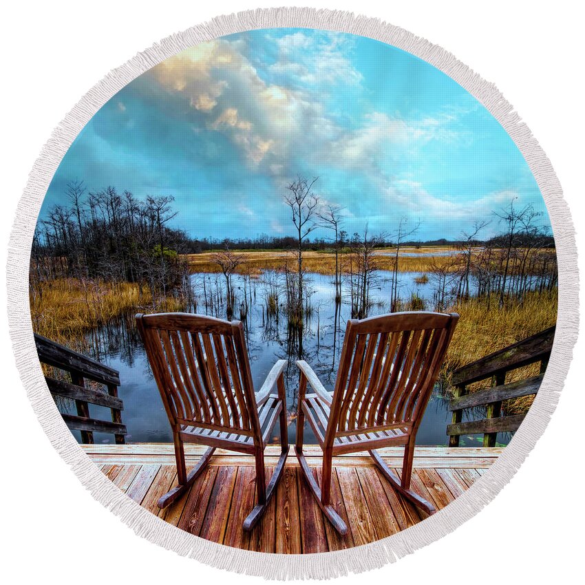 Clouds Round Beach Towel featuring the photograph Rocking on the Porch by Debra and Dave Vanderlaan