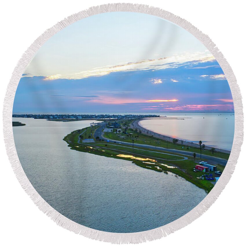 Rockport Round Beach Towel featuring the photograph Rockport Beach Aerial Sunrise by Ty Husak