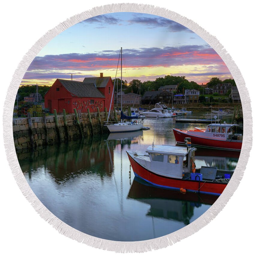 Massachusetts Round Beach Towel featuring the photograph Rockport Harbor at Sunrise by Kristen Wilkinson