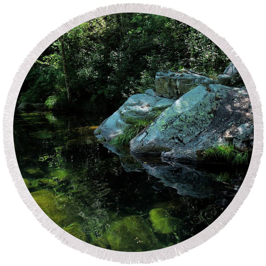 Sao Pedro Do Sul Round Beach Towel featuring the photograph Rocks and peaceful river in Carvalhais by Angelo DeVal