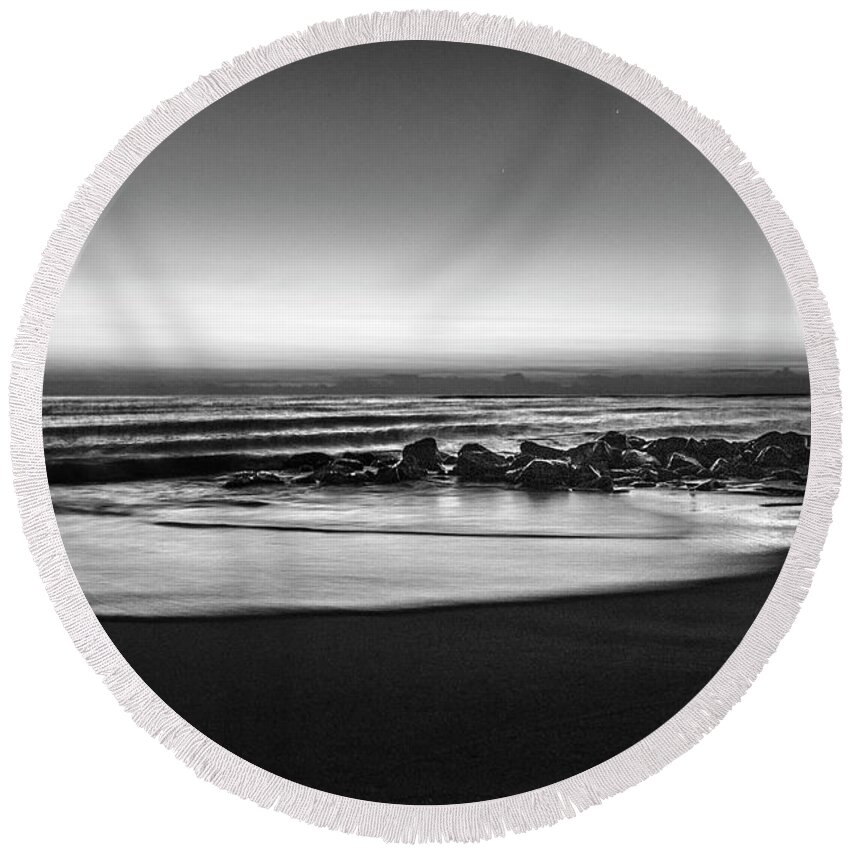 Birds Round Beach Towel featuring the photograph Rocky Beach at Dawn Black and White by Debra and Dave Vanderlaan
