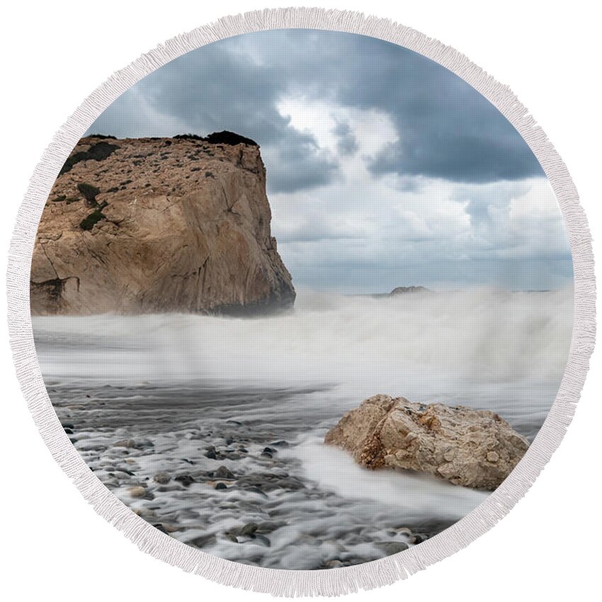 Waves Round Beach Towel featuring the photograph Rocky Seascape during Storm by Michalakis Ppalis