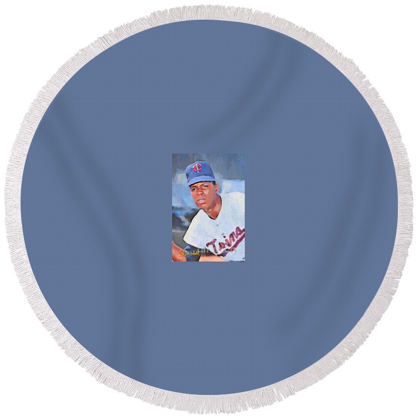 Rod Carew Round Beach Towel featuring the painting Rod Carew by Steve Mitchell