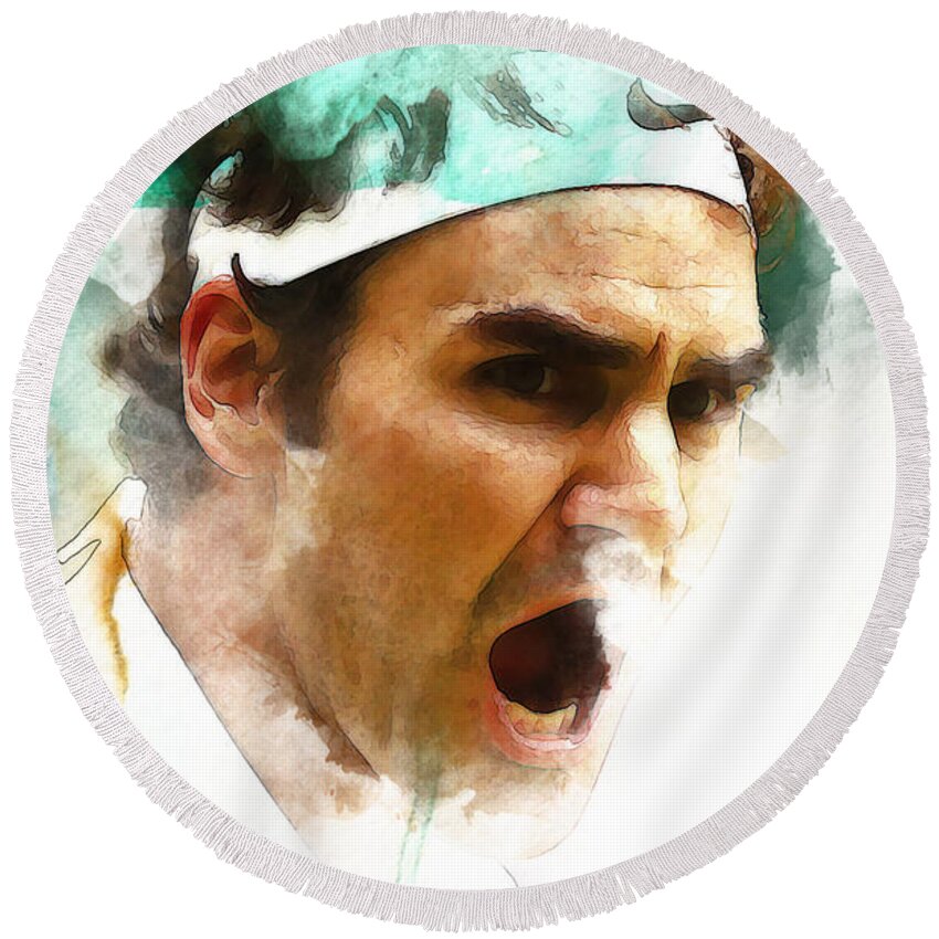 Roger Federer Round Beach Towel featuring the mixed media Roger Federer Fired Up 1b by Brian Reaves