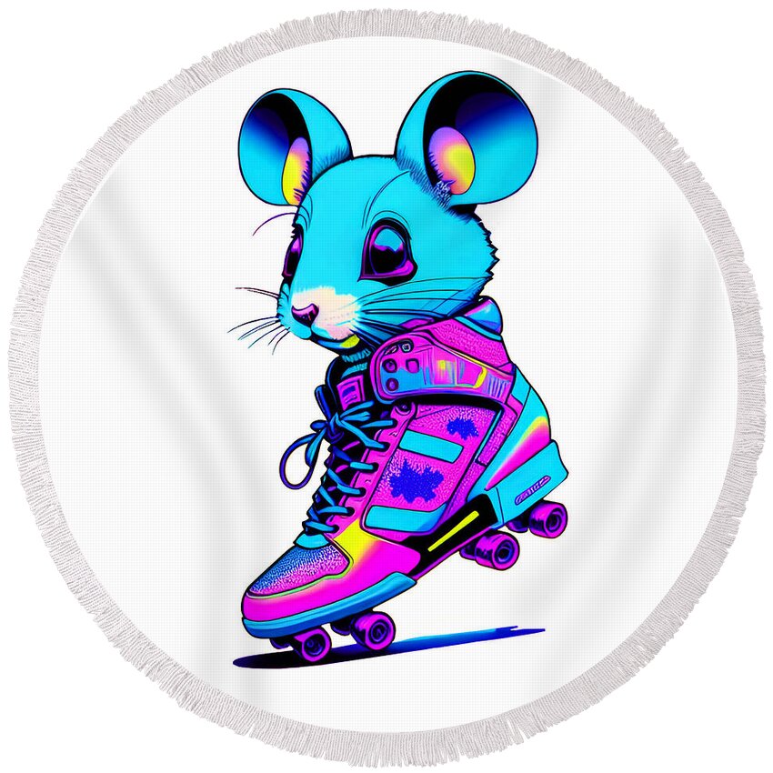 Cool Art Round Beach Towel featuring the digital art Roller Skating Mouse by Ronald Mills