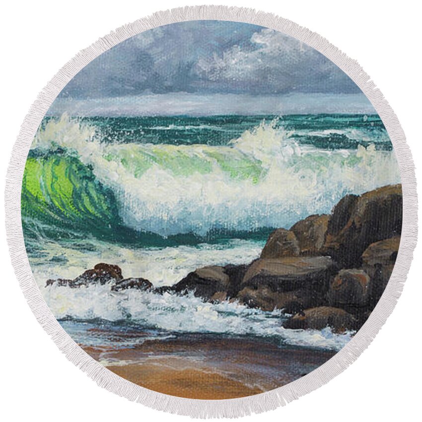 Seascape Round Beach Towel featuring the painting Rolling Waves by Darice Machel McGuire