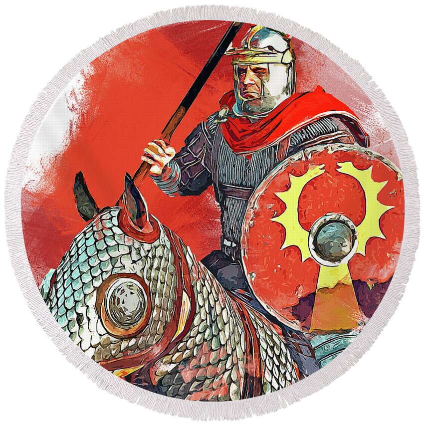 Roman Round Beach Towel featuring the painting Roman legion in battle, 06 by AM FineArtPrints
