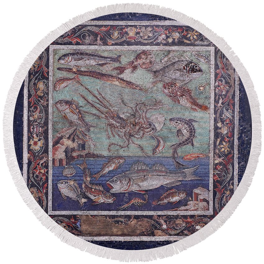 Seascape Round Beach Towel featuring the photograph Roman mosaic of fish from Pompei - Naples Archaeological Musum Italy by Paul E Williams
